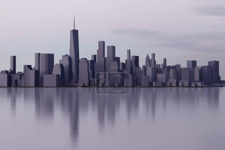 Photo for View of the downtown New York NY lower Manhattan area during sunset or sunrise. Low poly illustration of dark buildings with water reflection. Concept of blackout, architecture, tourism or art. - Royalty Free Image