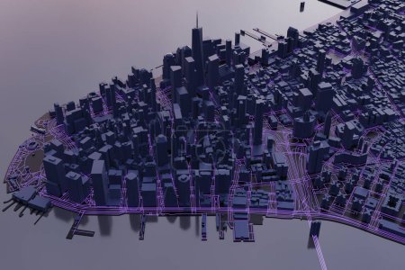 Foto de Vista aérea del área inferior de Manhattan de la ciudad de Nueva York durante el atardecer o la noche. 3D azul oscuro renderizado edificios con carreteras de tráfico brillantes. Concepto de internet, www, digitalización o tráfico urbano. - Imagen libre de derechos