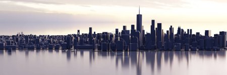 Photo for Wide angle panoramic view of lower Manhattan area of New York City during sunrise or sunset. Low poly model city with dark 3D rendered buildings. Concept of blackout, America, architecture and art. - Royalty Free Image