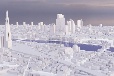 Photo for Aerial view of downtown London with financial district and Tower Bridge at sunrise. Low poly illustration of white frosty cardboard buildings. - Royalty Free Image