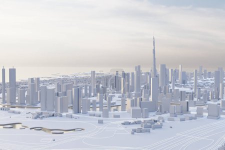 Téléchargez les photos : Vue aérienne du centre-ville de Dubai. Ville basse poly miniature avec des gratte-ciel blancs et un éclairage spectaculaire. Concept de mégapole et d'architecture moderne. - en image libre de droit