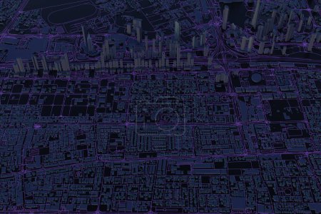 Foto de Vista aérea del centro de Dubai. Ciudad baja en miniatura de polietileno con rascacielos oscuros e iluminación dramática. Concepto de megaciudad, digitalización y metáfora. - Imagen libre de derechos