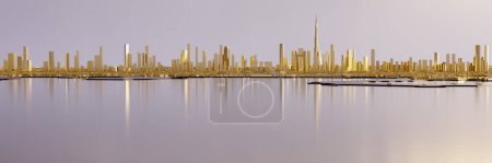 Foto de Amplio panorama angular del centro de Dubai con Burj Khalifa. Ciudad en miniatura de polietileno bajo. Todos los edificios están hechos de oro. Concepto de mercado del oro y bienes raíces, lujo. - Imagen libre de derechos