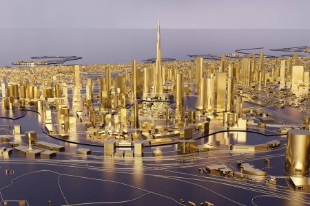 Photo for Aerial view of downtown Dubai with Burj Khalifa. Low-poly miniature city. All buildings are made of gold. Concept of gold market and real estate, luxury - Royalty Free Image