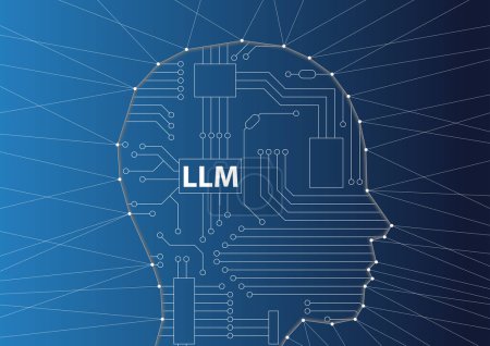 Ilustración de Modelo de Lenguaje Grande (LLM) e Inteligencia Artificial Generativa (AI) ilustración con red neuronal profunda y silueta de persona - Imagen libre de derechos