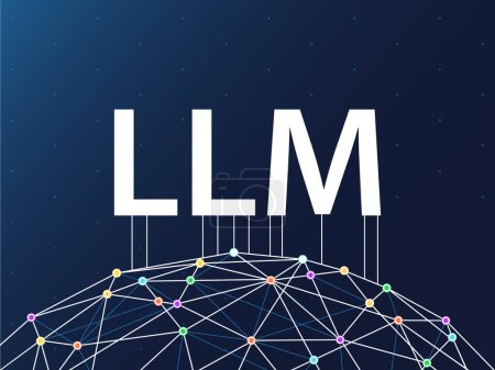 Ilustración de LLM / Large Language Modelo de fondo. Fondo de pantalla azul oscuro con ilustración de texto LLM conectada - Imagen libre de derechos