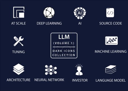 Téléchargez les illustrations : LLM Large Language Modèles icône vectorielle réglée en mode plat et sombre - en licence libre de droit