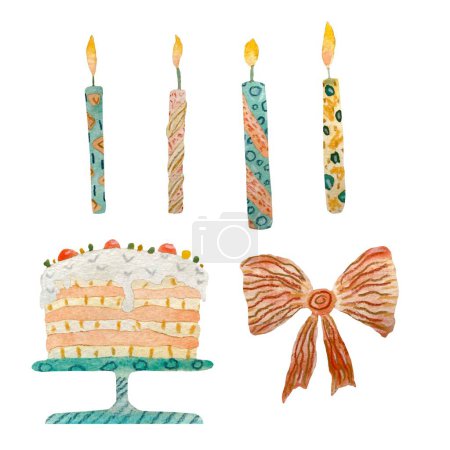Photo for Candle cake bow happy birthday set. A watercolor illustration. Hand drawn texture. Isolated white background. For use in design, fabrics, prints, textile, cards, invitations, banners, coupons, voucher - Royalty Free Image