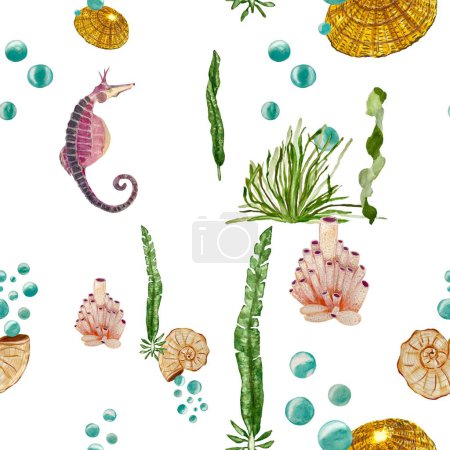 Foto de Sea horse shell seaweed coral pattern. A watercolor isolated illustration. Hand drawn. On white background. Picture for design, home, fabrics, prints, textile, cards, invitations, banner, accessories. - Imagen libre de derechos
