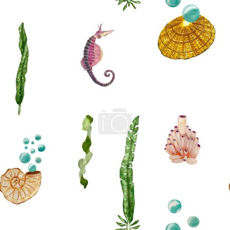 Sea horse shell seaweed bubbles pattern. A watercolor isolated illustration. Hand drawn. On white background. Picture for design, home, fabrics, prints, textile, cards, invitation, banner, accessories