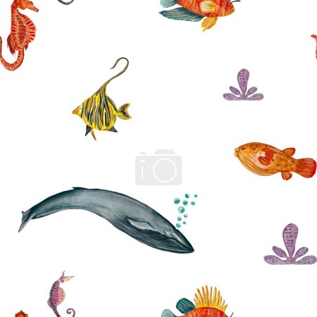 Téléchargez les photos : Poisson baleine hippocampe modèle océan. Une illustration isolée aquarelle. Tiré à la main. Sur fond blanc. Photo pour design, maison, tissus, imprimés, textiles, cartes, invitations, bannière, accessoires - en image libre de droit
