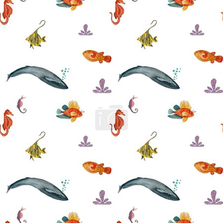 Téléchargez les photos : Poisson baleine hippocampe modèle océan. Une illustration isolée aquarelle. Tiré à la main. Sur fond blanc. Photo pour design, maison, tissus, imprimés, textiles, cartes, invitations, bannière, accessoires - en image libre de droit