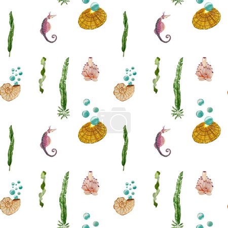 Foto de Sea horse bubbles shell seaweed pattern. A watercolor isolated illustration. Hand drawn. On white background. Picture for design, home, fabrics, prints, textile, cards, invitation, banner, accessories - Imagen libre de derechos