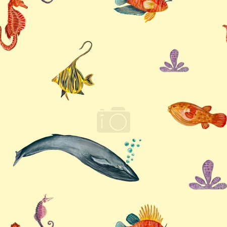 Téléchargez les photos : Poisson baleine hippocampe motif sans couture. Une illustration isolée aquarelle. Tiré à la main. Sur fond beige. Photo pour design, maison, tissus, imprimés, textiles, cartes, invitations, bannière, accessoires - en image libre de droit