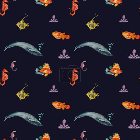 Téléchargez les photos : Baleine poisson mer cheval mer mode de vie. Une illustration isolée aquarelle. Tiré à la main. Sur fond bleu. Photo pour design, maison, tissus, imprimés, textiles, cartes, invitations, bannière, accessoires - en image libre de droit