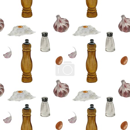 Pepper salt shaker garlic clove flour egg pattern. Watercolor hand drawn illustration. Use it for cookbook, kitchen design, menu, clothing, textile, wallpaper, napkin. 