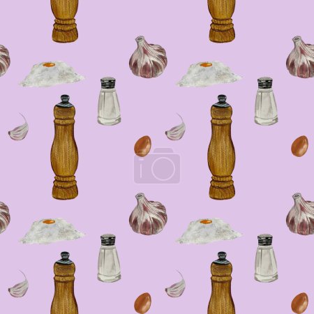 Pepper salt shaker flour garlic purple pattern. Watercolor hand drawn illustration. Use it for cookbook, kitchen design, menu, clothing, textile, wallpaper, napkin. 