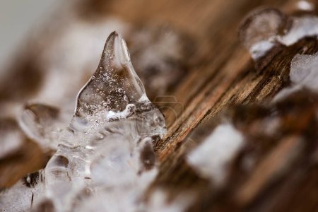 Foto de Un "diente helado" en el riel de madera después de una tormenta de invierno. - Imagen libre de derechos
