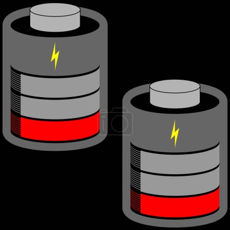 Ilustración de Dos celdas de batería de baja carga con barra de estado rojo - Imagen libre de derechos