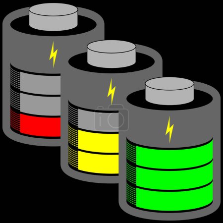 Ilustración de Tres celdas de batería completamente, media y baja carga con verde, amarillo, barra de estado rojo - Imagen libre de derechos
