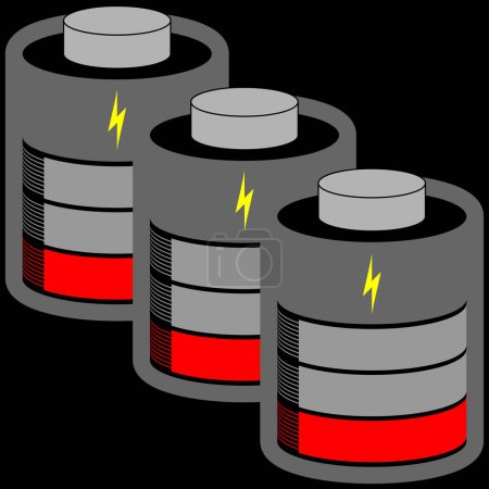 Ilustración de Tres celdas de batería de baja carga con barra de estado rojo - Imagen libre de derechos