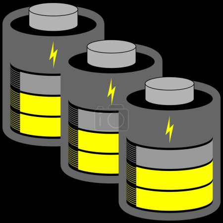 Ilustración de Tres celdas de batería medio cargado con barra de estado amarillo - Imagen libre de derechos