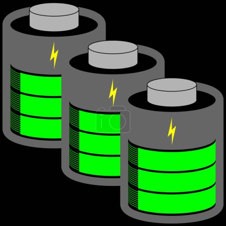 Ilustración de Tres celdas de batería completamente cargadas con barra de estado verde - Imagen libre de derechos