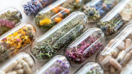 Primer plano de cápsulas transparentes llenas de diversas hierbas medicinales, mostrando sus texturas y colores naturales.