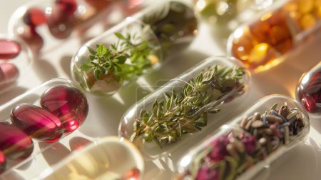 Gros plan de capsules transparentes remplies de diverses herbes médicinales, mettant en valeur leurs textures et couleurs naturelles.