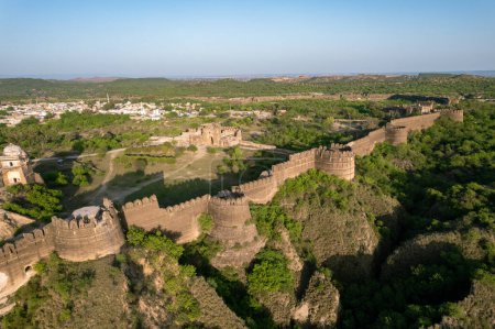 aerial view of outer walls of Rohtas fort Pakistan, old vintage walls and watchtowers of ancient medieval castle, monument of Indian, Pakistani Punjabi heritage