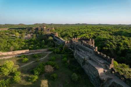 aerial view of outer walls of Rohtas fort Pakistan, old vintage walls and watchtowers of ancient medieval castle, monument of Indian, Pakistani Punjabi heritage