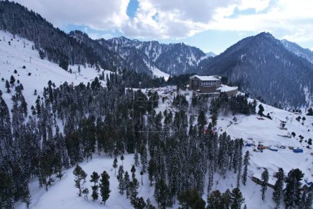 Aerial View of Malam Jabba Hill station, pearl continental hotel at Mountain top covered in snow during winter in Himalaya Swat Khyber Pakhtunkhwa Pakistan