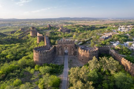 Aerial landscape of historical monument of Rohtas fort Punjab Pakistan. The heritage and vintage architecture of Indian castle.