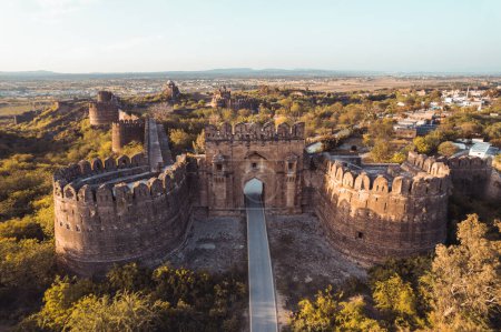Drone shot of the main gate of the Rohtas fort Punjab Pakistan which shows ancient Indian and Mughal history, heritage and vintage architecture.