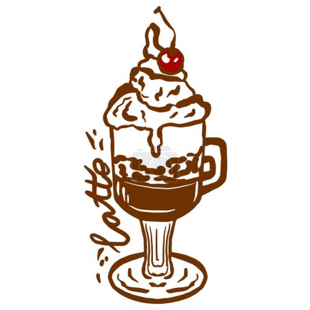 Téléchargez les illustrations : Une boisson latte. Illustration vectorielle de doodle. Style drôle et fantaisiste. Un verre de latte avec une cerise rouge sur le dessus de crème fouettée. - en licence libre de droit