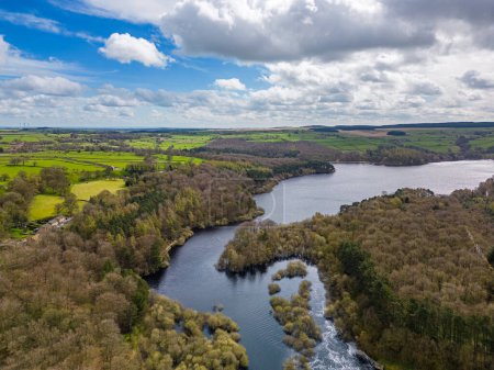 Aerial drone view of Swinsty Reservoir, North Yorkshire. One of Yorkshire Water reservoirs for drinking water supply.