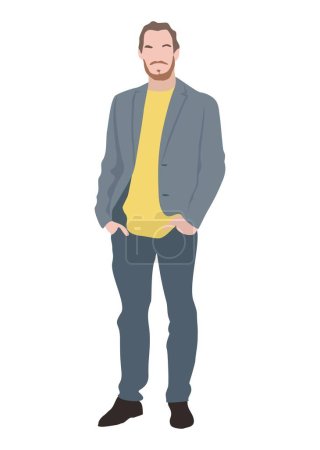 Illustration for Portrait of happy smili businessman standing in smart casual clothes. Confident office worker with beard wearing street fashion outfit. Handsome male character vector realistic illustration isolated - Royalty Free Image