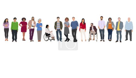 Téléchargez les illustrations : Multinational business team. Vector illustration of diverse cartoon men and women of various ethnicities, ages and body type in office outfits. Set of different business people. Isolated on white. - en licence libre de droit