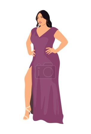 Beautiful girl wearing evening dress, formal gown for celebration, wedding, Christmas Eve or New Year  party. Pretty female character vector realistic illustration isolated on white.