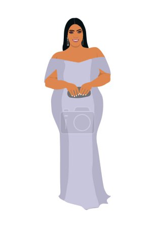 Beautiful girl wearing evening dress, formal gown for celebration, wedding, Christmas Eve or New Year party. Pretty female character vector realistic illustration isolated on white.
