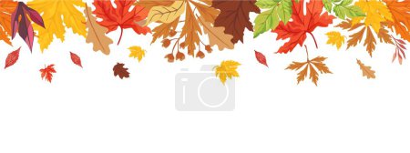 Autumn Leaves Border isolated on White background. Red, yellow and orange fall leaves with copy space. Fall foliage frame for text. Editable vector illustration, template, banner, cover.