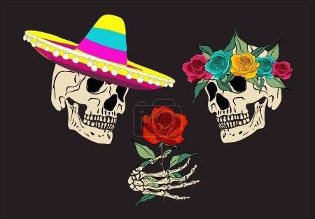 Día de los muertos, Día de los muertos, fiesta mexicana, festival. Calaveras humanas de dibujos animados y mano con sombrero y rosas. Elementos de diseño tradicionales para tarjetas, carteles, invitaciones. Ilustración vectorial.
