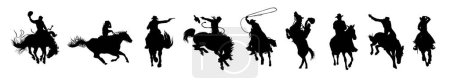 Ilustración de Conjunto de siluetas del oeste salvaje - vaqueros a caballo. Colección de elementos tradicionales occidentales. Ilustraciones de arte vectorial negro aisladas sobre fondo blanco. - Imagen libre de derechos