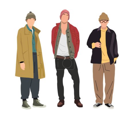 Illustration for Set of street style fashion men realistic vector illustrations. Handsome male characters wearing in trendy casual outfit. Attractive young guys in fashionable fall look. Isolated on white background. - Royalty Free Image