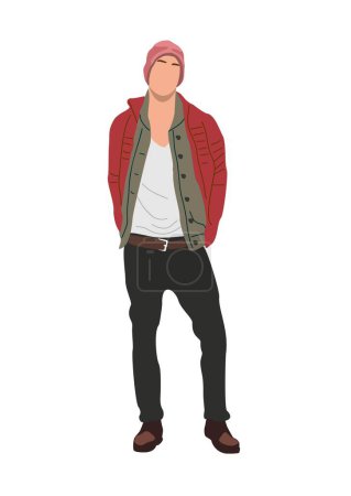 Illustration for Street style fashion man realistic vector illustration. Handsome male character wearing trendy casual outfit. Attractive young guy in fashionable fall or winter look. Isolated on white background. - Royalty Free Image
