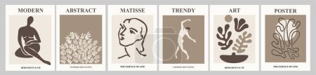 Téléchargez les illustrations : Ensemble d'affiches abstraites aux couleurs beige et noir modernes. Trendy Matisse a inspiré l'art mural contemporain pour les intérieurs scandinaves ou japonais. Design minimaliste esthétique. Illustrations vectorielles. - en licence libre de droit