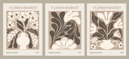 Illustration for Set of abstract flower posters. Trendy botanical wall arts with floral design in beige and black colors. Modern hippie naive groovy funky interior decorations, paintings. Vector art illustration. - Royalty Free Image