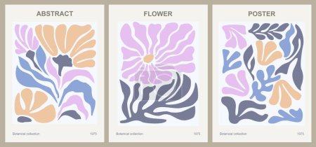 Téléchargez les illustrations : Set of abstract flower posters. Trendy botanical wall arts with floral design in danish pastel colors. Modern naive groovy funky interior decorations, paintings. Vector art illustration. - en licence libre de droit