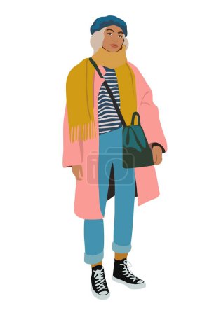 Illustration for Stylish young woman dressed in trendy clothes. Casual street fashion autumn vintage style funky outfit. Pretty blonde girl cartoon character. Flat colorful vector realistic illustration. - Royalty Free Image