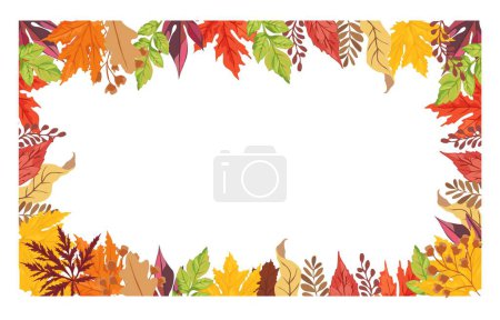 Illustration for Autumn banner template decorated by fallen tree leaves. Elegant frame made of dry foliage. Decorative flat cartoon vector illustration for seasonal sale promotion, advertisement, cards, invitations. - Royalty Free Image